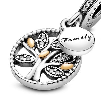 Family tree silver dangle with 14k and clear cubic zirconia